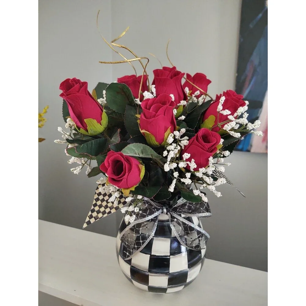 Handmade Whimsical Vase & Red Rose Flowers w/ Designer Check Ribbon